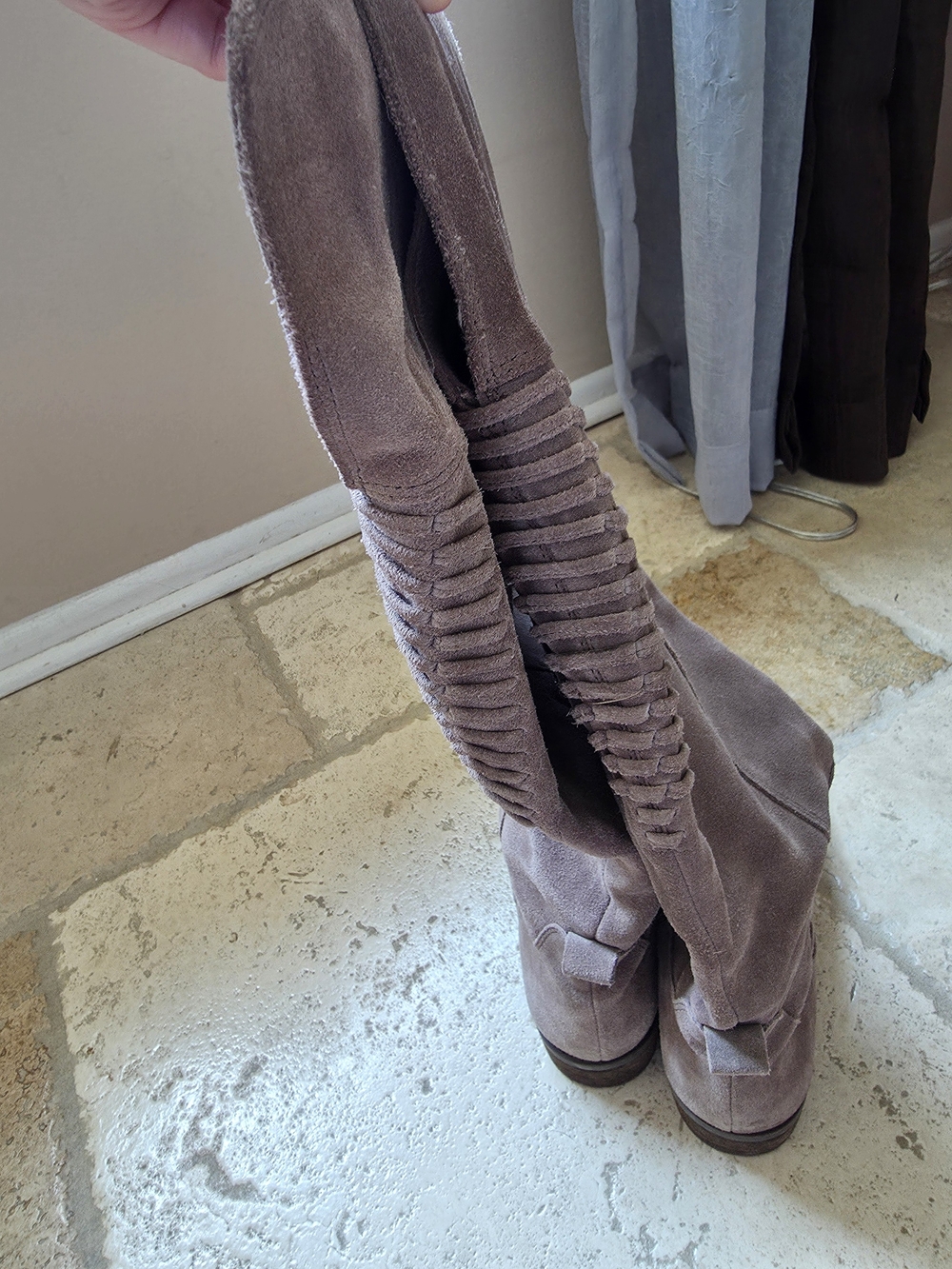 Vince Camuto Taupe Suede Over-the-Knee Boots with Ruched Shaft
